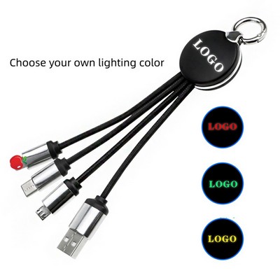 3-in-1 Braided Charging Cable with Keychain and Glowing Logo