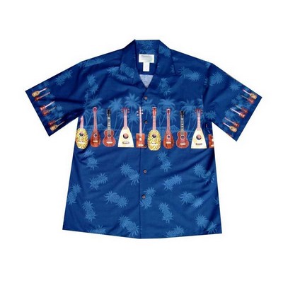 Navy Hawaiian Shirt - 100% Cotton Poplin Tropical Print w/ Coconut Buttons (S - 3XL in-stock)
