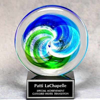 Art Glass Round Swirl Award With Black Glass Base