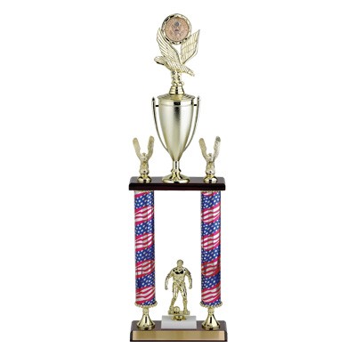 26 ½" Two Column Stars & Stripes Trophy w/Cup, Takes Figure & Holds 2" Insert