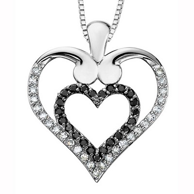 Heart Shaped Black and White Diamond Pendant in 10K White Gold (0.25 CT. T.