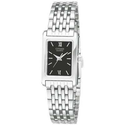Citizen® Ladies Quartz Tank Style Stainless Steel Watch w/Black Dial