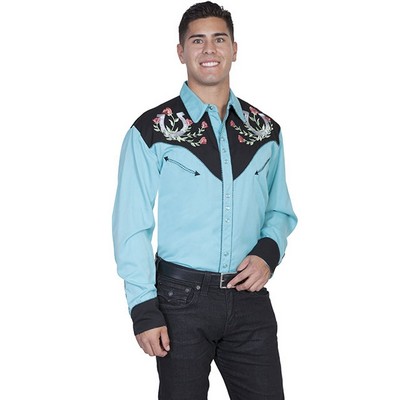 Men's Long Sleeve Shirt w/Embroidered Horseshoe & Roses