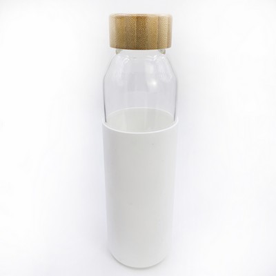 Glass Water Bottle With Silicon Sleeve And Wooden Pattern Cap