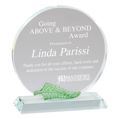 Optical Crystal Round Award w/Green Leaf (5 ½" x 5")