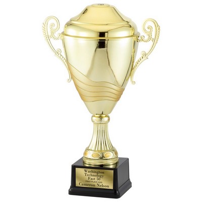 15 ½" Italian Two-Tone Bright & Antique Gold Trophy Cup w/Black Base