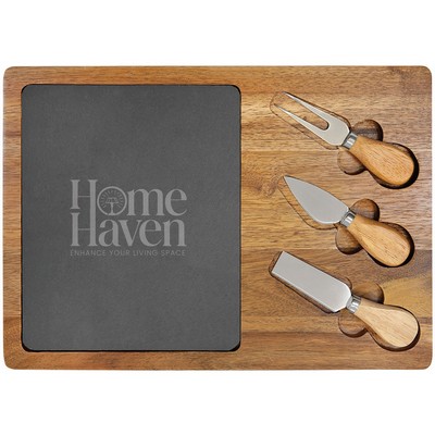 13¾" x 9¾" Acacia Wood/Slate Rectangle Cheese Set w/ Three Tools