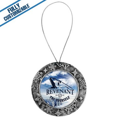 Round Antique Silver Ornament w/Insert & Silver String (3")