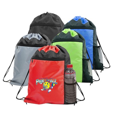Color Block Drawstring Backpack w/Side Mesh Pocket