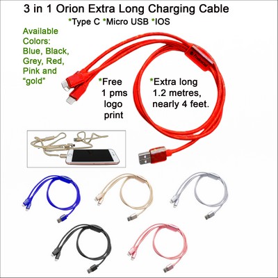3" 1 Orion Extra Long Charging Cable Red