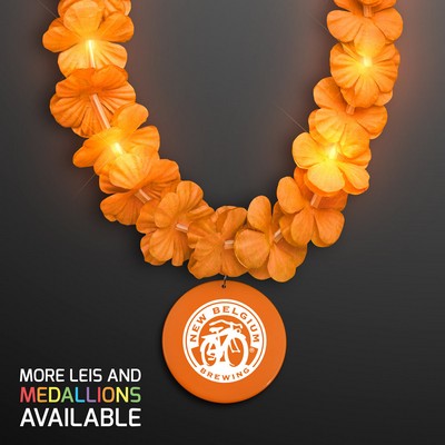 Light Up Orange Lei Flower Necklaces with Orange Medallion - PRINTED