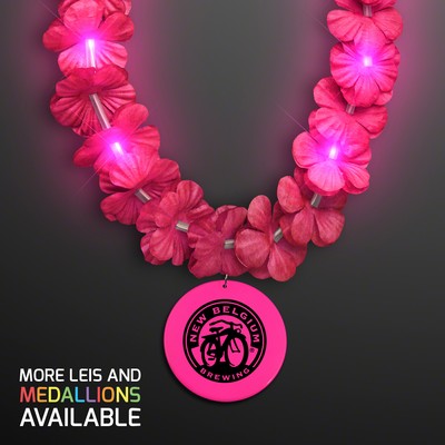 Light Up Pink Lei Flower Necklaces with Pink Medallion - PRINTED