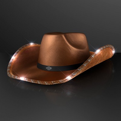 Brown Shimmer Light Up Shiny Cowboy Hat with Black Band - PRINTED