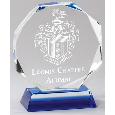 Octagon Crystal Award with Blue Base, 4 3/4"H