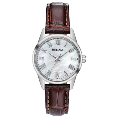 Bulova Watches Corporate Collection Ladies' Brown Leather Strap Watch, White Mop Dial