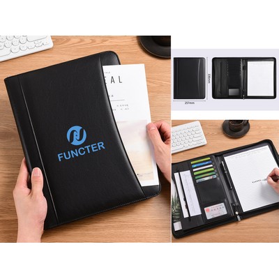 A4 Size Zippered PU Leather Binder Portfolios Padfolio Binder Multi Functional Business Folder
