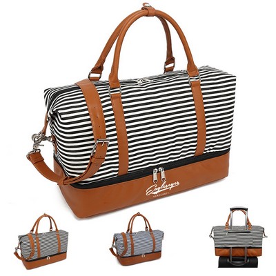 Canvas Stripe Pattern Duffel Bag with Faux Leather Accent