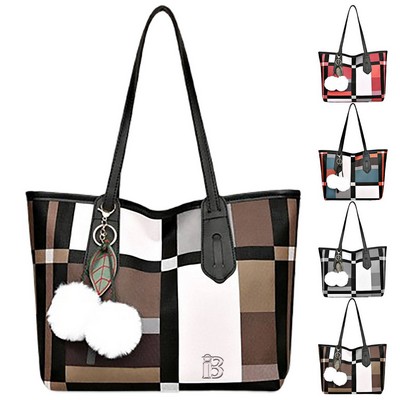 PU Leather Large-Capacity Tote Bag w/ Plush Pendant