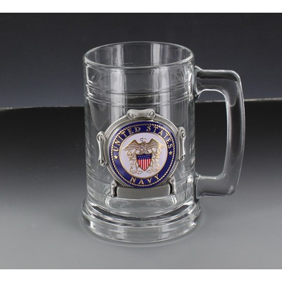 15 Oz. Glass Antique Pewter Finish Tankard Mug w/U.S. Navy Medallion