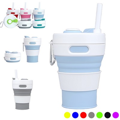 15.2Oz Silicone Folding Water Bottle W/ Straw