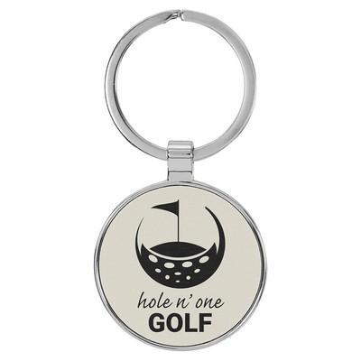 1 1/2" Leatherette/Metal White Round Keychain