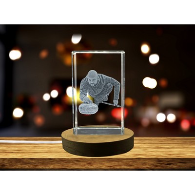 Olympic Curling Player 3D Engraved Crystal Trophy Award w/LED Base Light