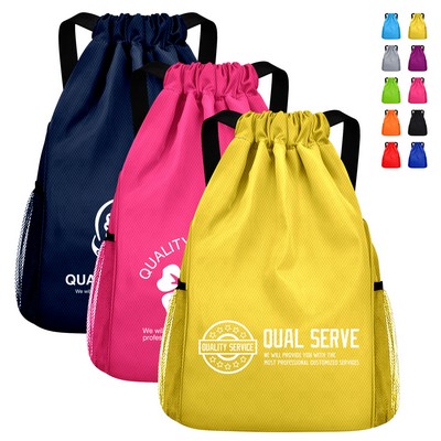 Drawstring Waterproof Backpack With Bunched Pockets & Wide Shoulder Straps