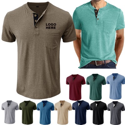 Custom Logo Breathable Men's Shirt Fashion Casual Henley T-Shirt with Pocket