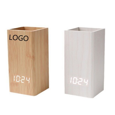 Wooden Desktop LED Clock Ornament Pen Holder