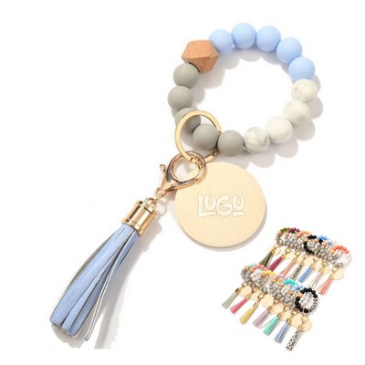 Silicone Wooden Beaded Bracelet w/Tassel