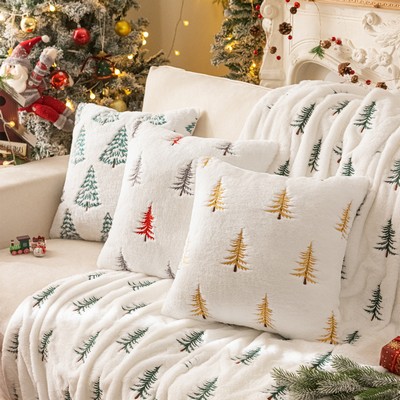 Faux Rabbit Fur Pillow Cover Christmas Tree Embroidered Cushion Case Decorative Throw Pillow