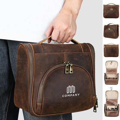 Genuine Leather Hanging Travel Toiletry Bag for Men Women
