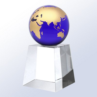 Globe Sphere Crystal Award, Blue/Gold, 6 1/2"H