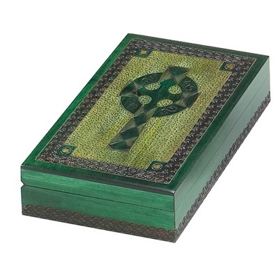 Green Wood Book Box w/Celtic Cross On Lid (9 3/8"x6 1/4"x2 3/8")