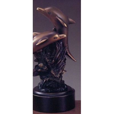 Two Copper Finish Dolphins Trophy w/Sea Foliage & Round Base (5"x6.5")