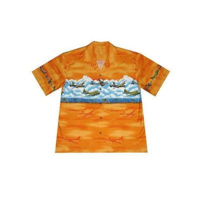 Orange Hawaiian Tropical Military Border Print Cotton Shirt/Airplanes - Circa WWII