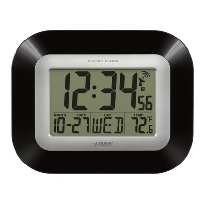 Black Atomic Digital Wall Clock w/Indoor Temperature & Date