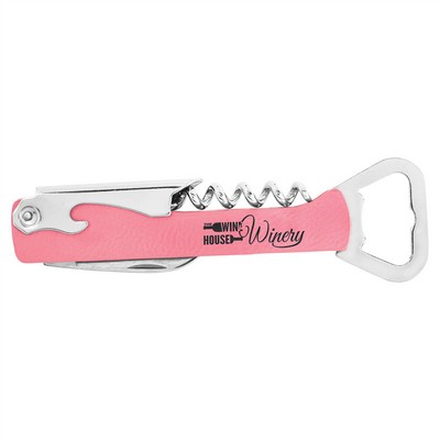Corkscrew Wine Bottle Opener, Pink Faux Leather