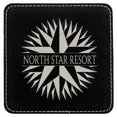 Square Coaster, Black Faux Leather, Engraved, 4x4"