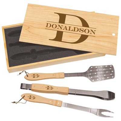 3 Piece BBQ Set in Wooden Pine Box