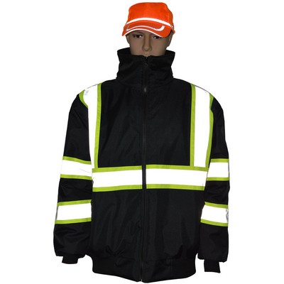 Black Waterproof Quilted Bomber Jacket with High-Vis Lime Contrast Binding