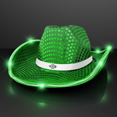 Green Sequin Cowboy Hat with White Band - PRINTED