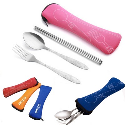 3-Piece Portable Stainless Steel Tableware w/Cloth Bag