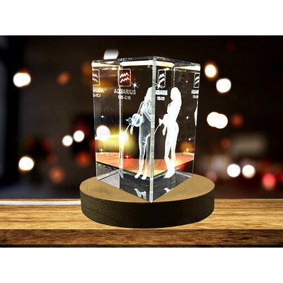 Aquarius Zodiac Sign 3D Engraved Crystal Trophy Award w/LED Base