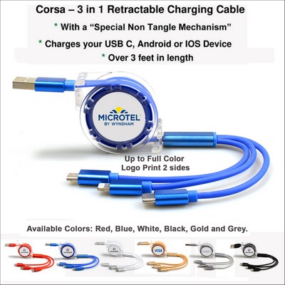Corsa 3" 1 Retractable Charging Cable - Blue
