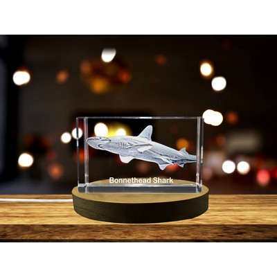 Bonnethead Shark 3D Engraved Crystal Trophy Award w/LED Base - Ocean-Inspired Art