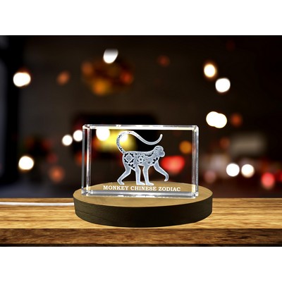 Monkey Chinese Zodiac 3D Engraved Crystal Trophy w/LED Base