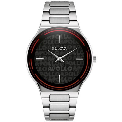 Bulova Watches Men's Apollo Silver-Tone Stainless Steel Bracelet Watch Black Dial