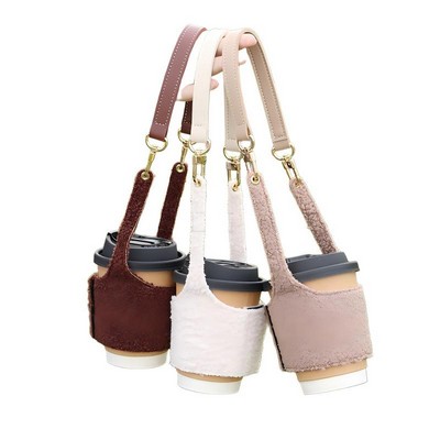 Faux Sherpa Plush Beverage Insulator With Carrying Strap