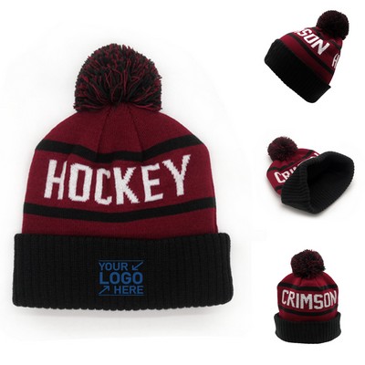 Fleece-Lined Cuffed Stripe Knitted Beanie With Pom